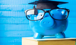 Blue Piggy Bank In Grad Cap and Glasses