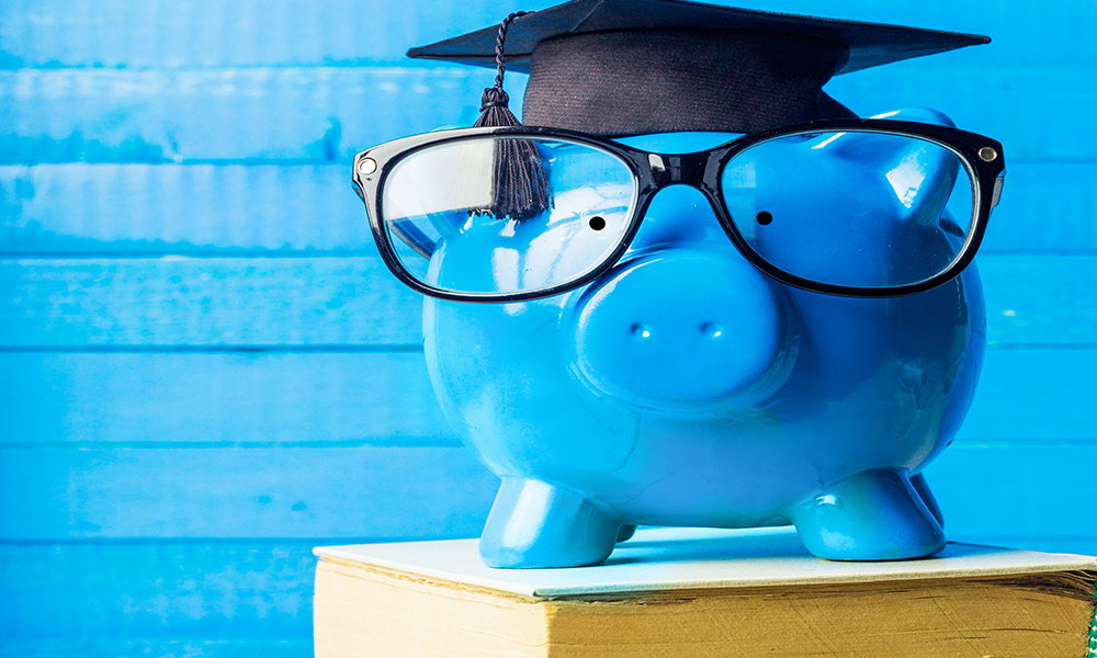 Blue Piggy Bank In Grad Cap and Glasses