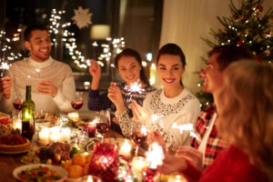 Winter,Holidays,And,People,Concept, ,Happy,Friends,With,Sparklers